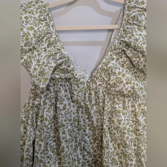 Green Floral Patterned Mini V Neck Puff Sleeve Babydoll Dress L - Picture 5 of 15